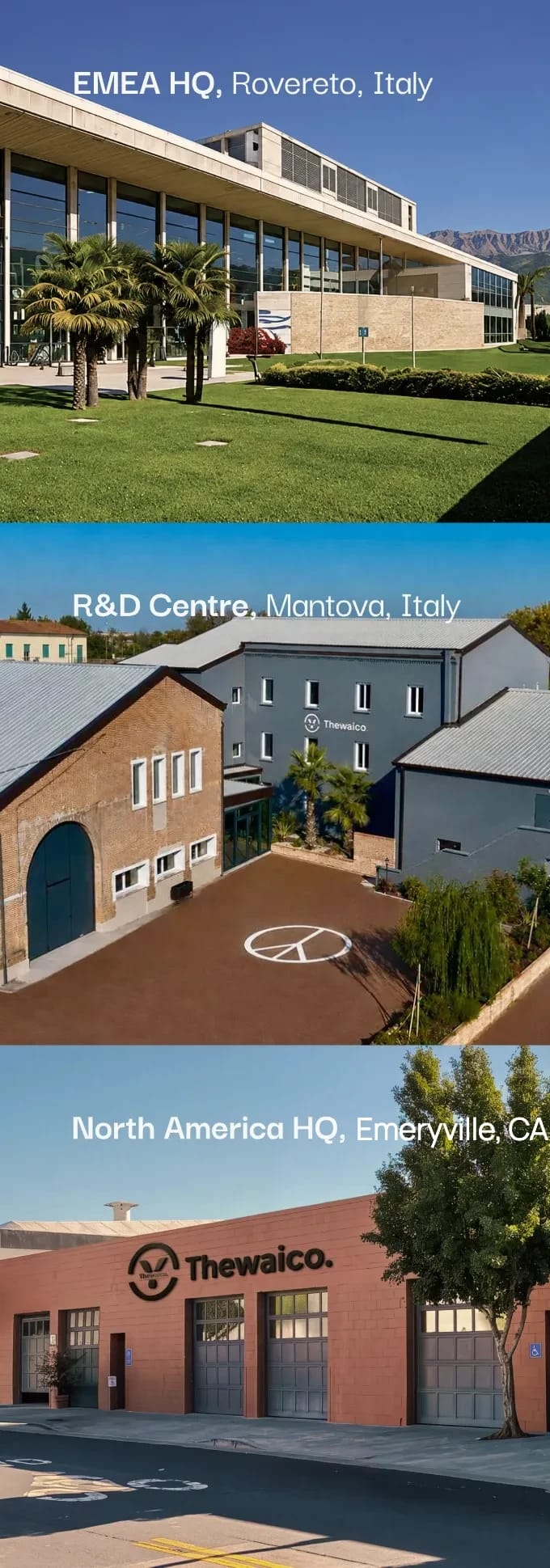 Thewaico's three sites stacked — EMEA HQ Rovereto, R&D Centre Mantova, North America HQ Emeryville (portrait, phones)